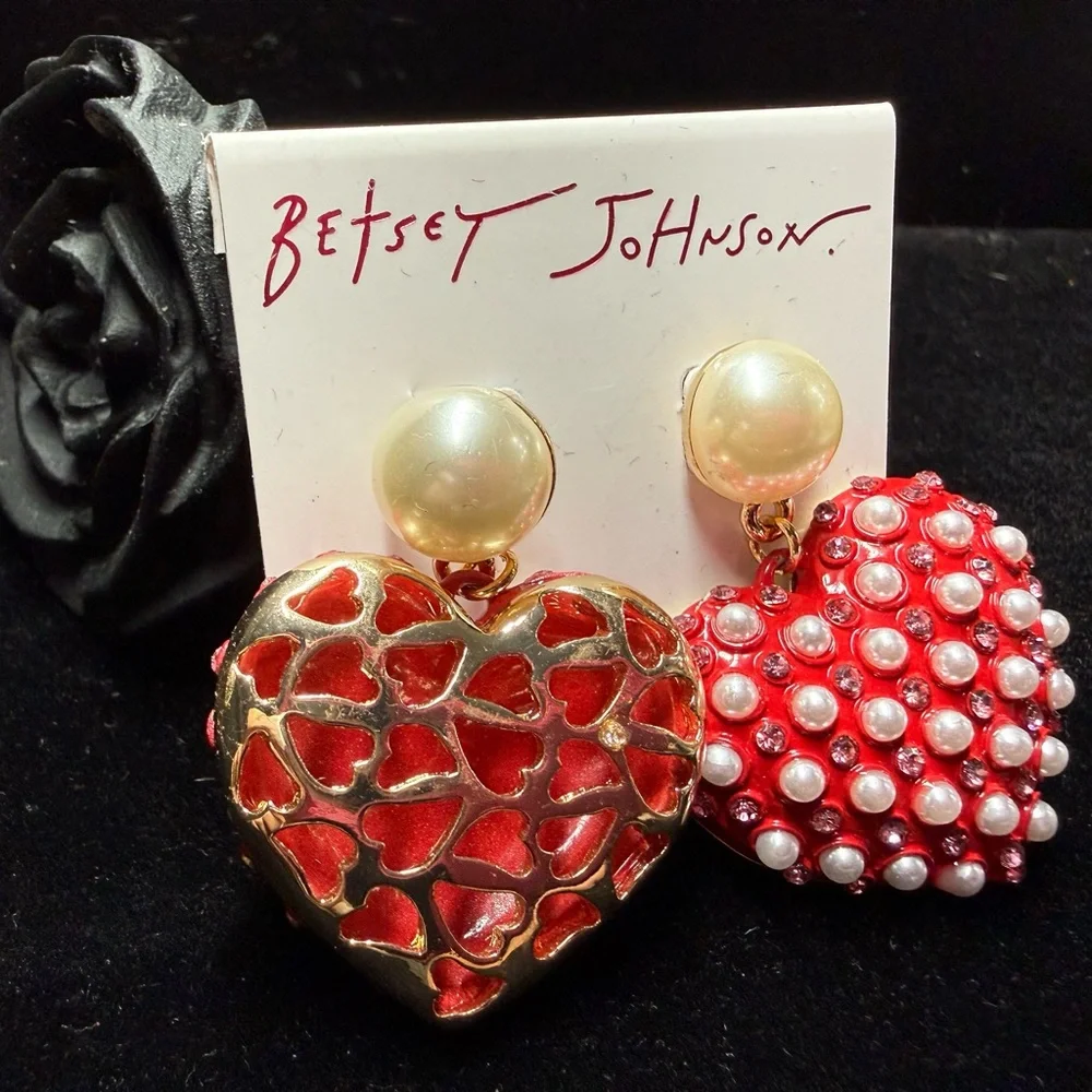 Betsey Johnson Red and Pearl Heart Earrings - Picture 3 of 5